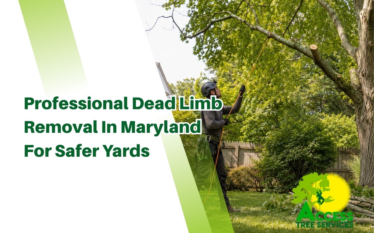 Tree crew performing dead limb removal in Maryland safely